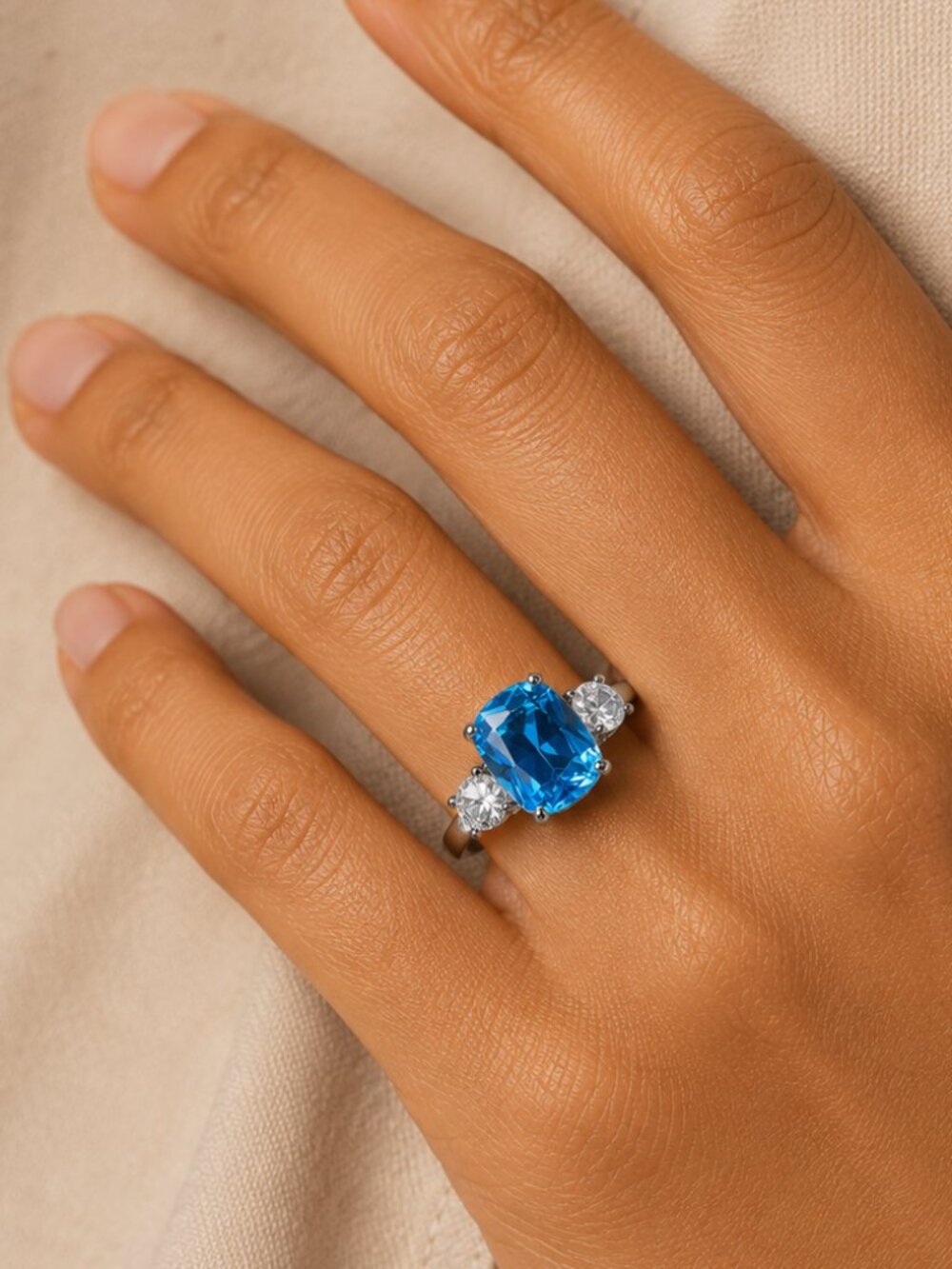 NEW 14k White Gold Blue Sapphire Diamond Ring Oval Cut Ring